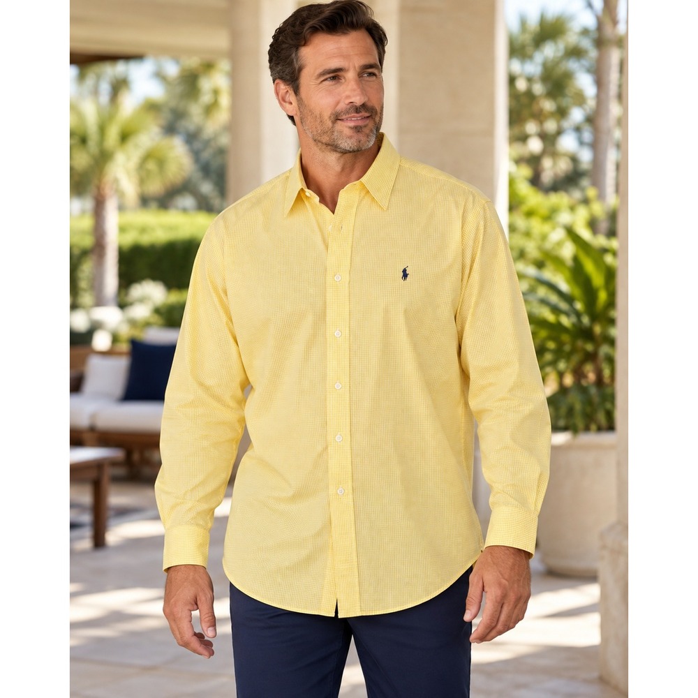 Ralph Lauren Yarmouth Button Down Shirt Mens 16.5 34 Yellow Gingham Cotton